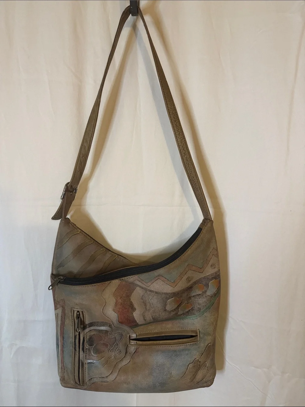 Anuschka Multitone Painted Leather Shoulder Bag in Brown and Green - Picture 1 of 4